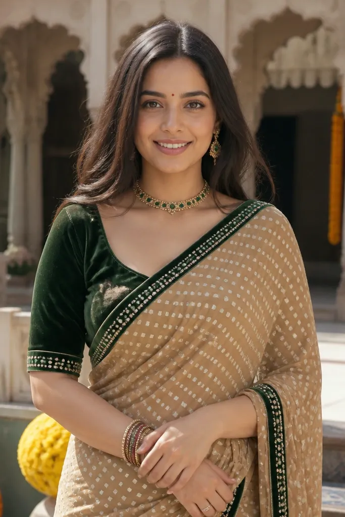 Sand beige bandhani saree with dark green velvet blouse