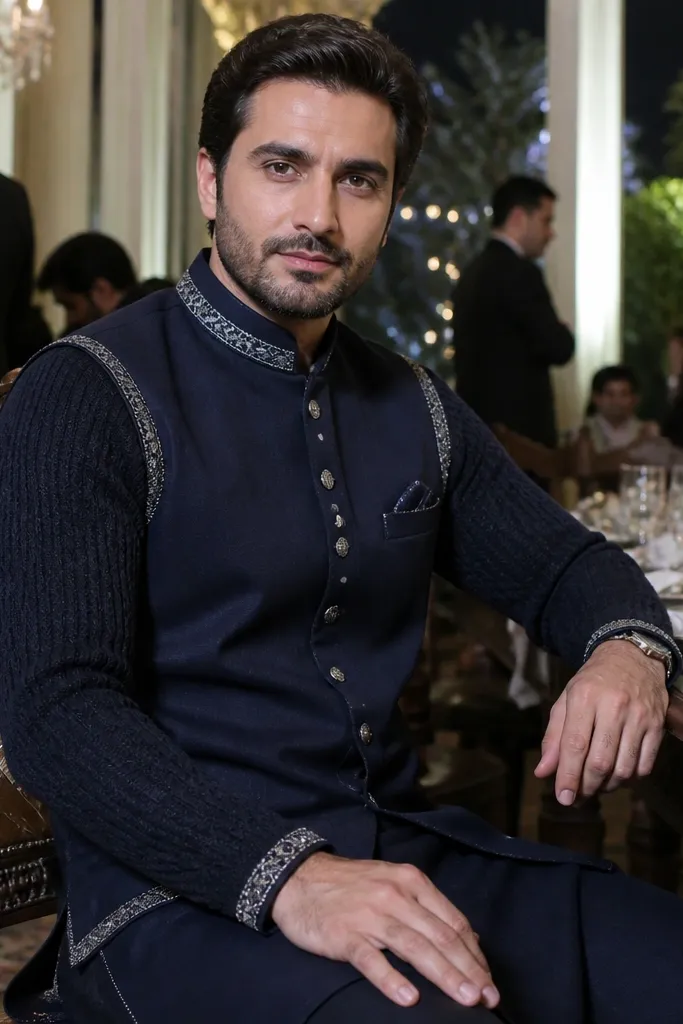 Navy indo-western set with silver accents and knit sleeves