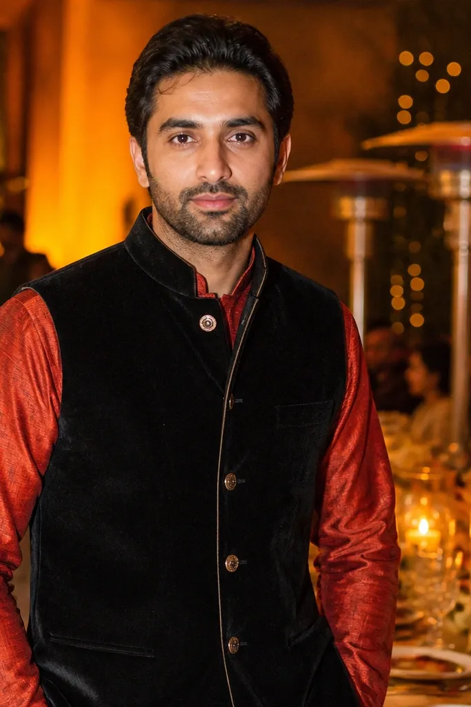Red-orange silk kurta with black velvet waistcoat and dark pants