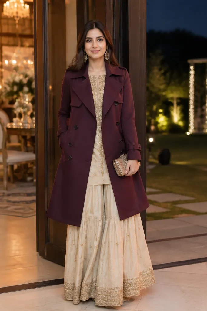 Cream and gold palazzo set with maroon trench coat and gold earrings