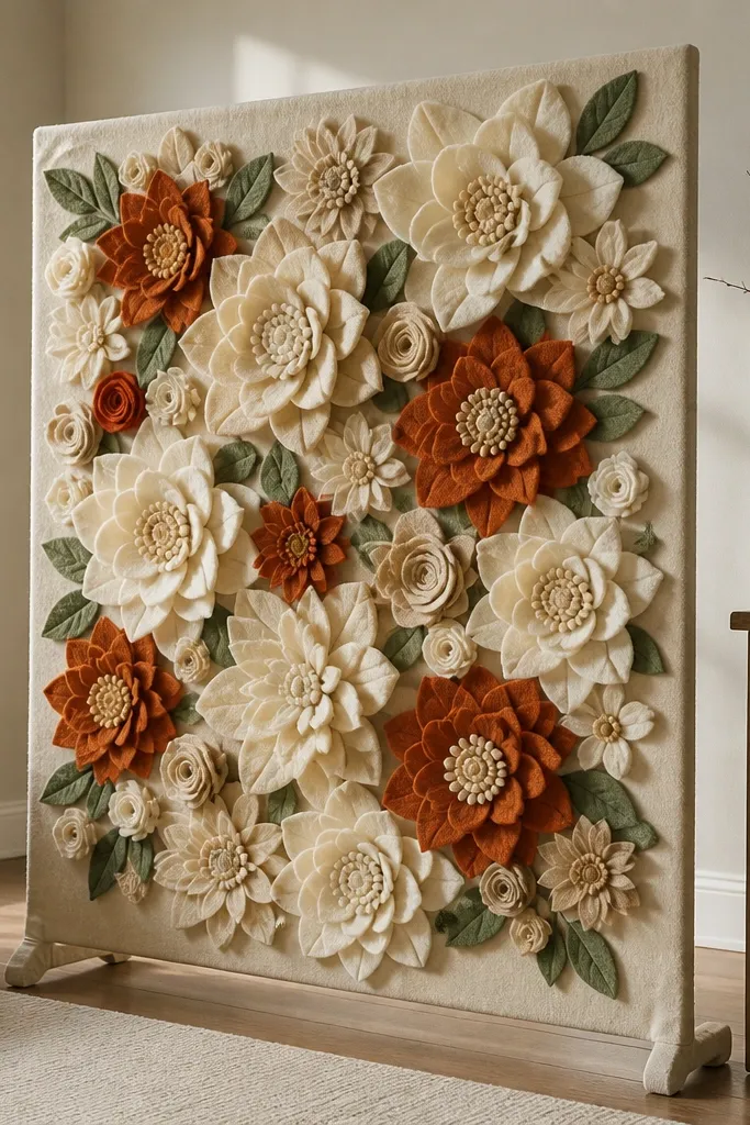 Tall backdrop covered with layered felt flowers in warm creams and rust tones