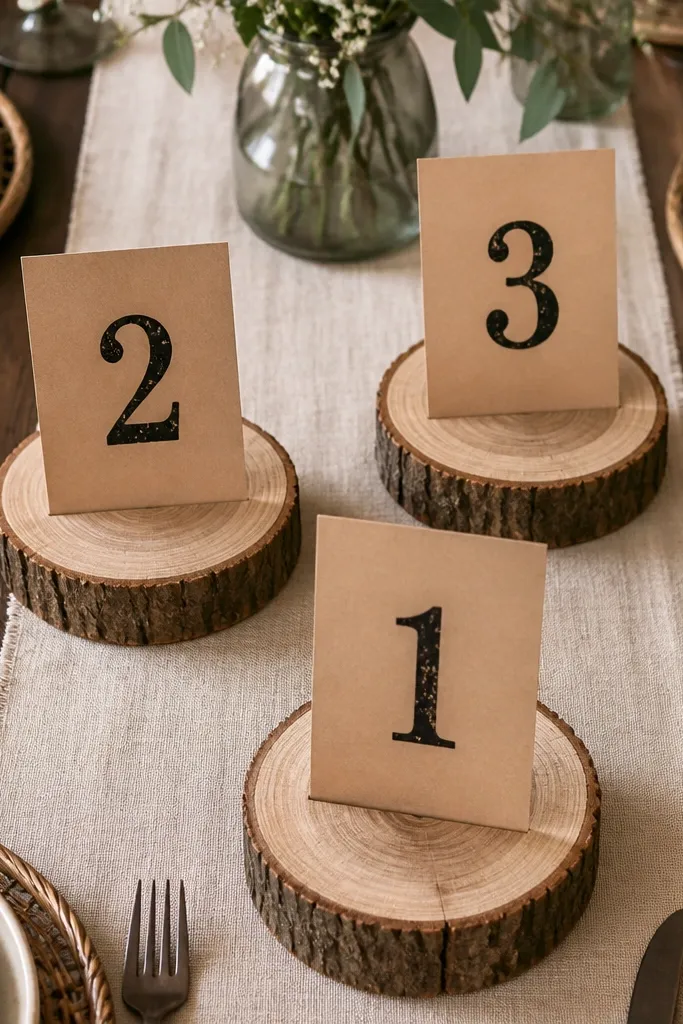 Round wood slice bases with small cards showing table numbers in rust ink