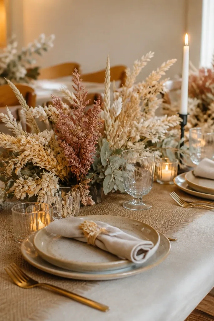 Cream linen table runner with a burlap-look overlay and small rust dried-flower bundles