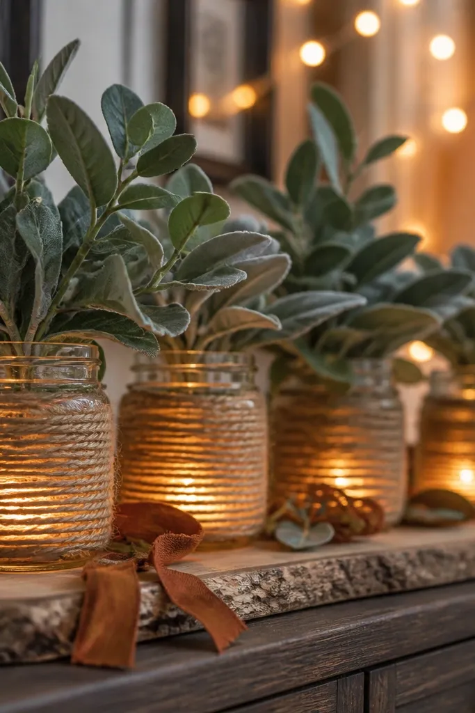 Mason jars wrapped in twine with small battery candles inside