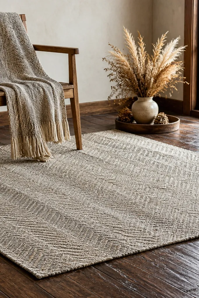 Small herringbone rug on the floor with a rustic chair and neutral throw