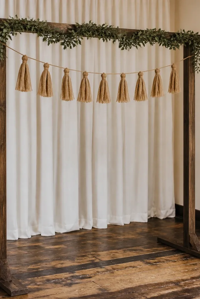 Rust-colored tassel garlands hanging from a freestanding stand behind the ceremony table