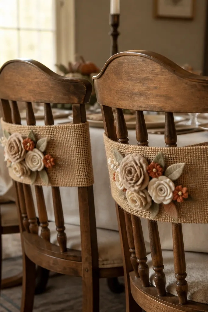 Dining chairs with burlap bands around backs and small felt flowers pinned at center