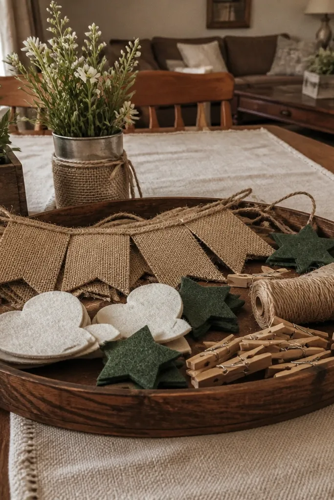 A table with felt speech-bubble cutouts and simple rustic props in rust and cream