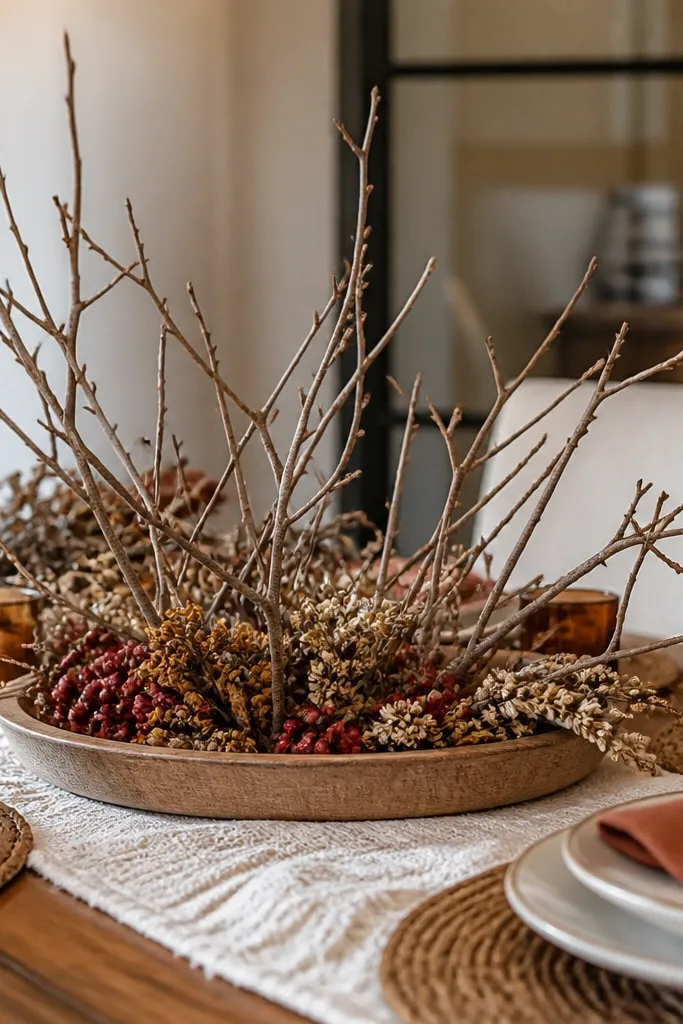 Shallow trays holding low twig branches and small dried florals