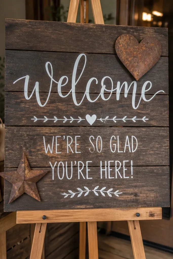 Wood slat welcome sign with chalk-style lettering in white and rust accents