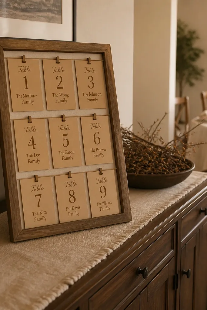 Wood frame seating plan with kraft cards and table numbers