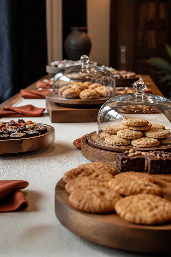 Cream runner on dessert table with layered wooden trays and rust accents