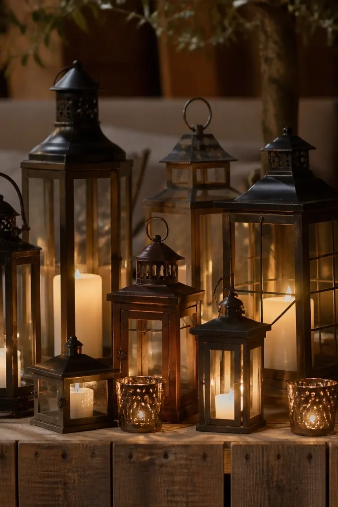 Wood crate on floor with lanterns and candles arranged low in warm neutrals