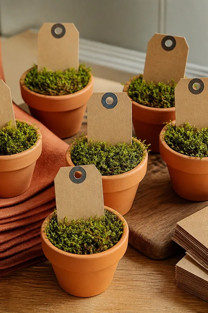 Small terracotta pots with faux moss and rust name tags on a table edge