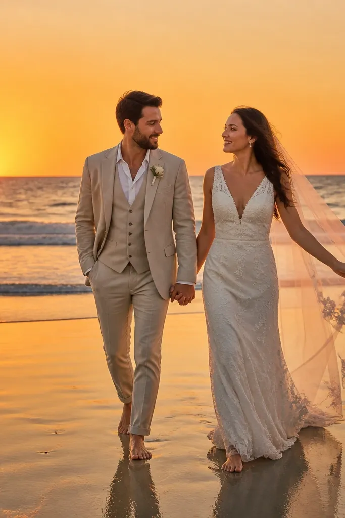 Couple walking along wet sand with ocean horizon centered