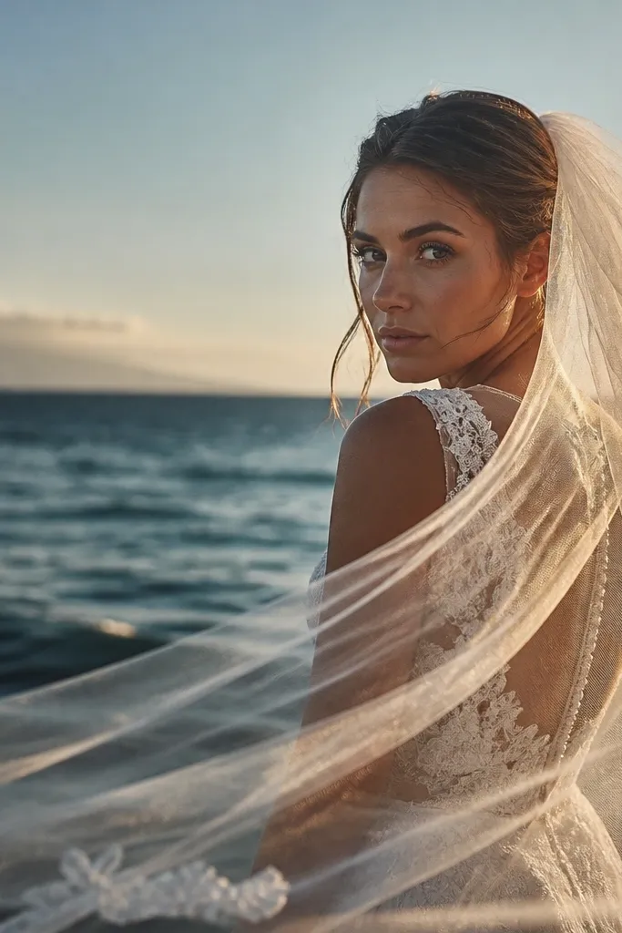 Bride's veil caught by wind with ocean waves in background