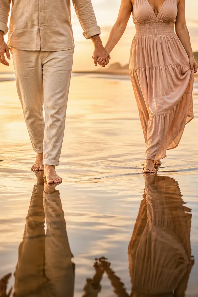 Couple holding hands barefoot on wet sand with reflections