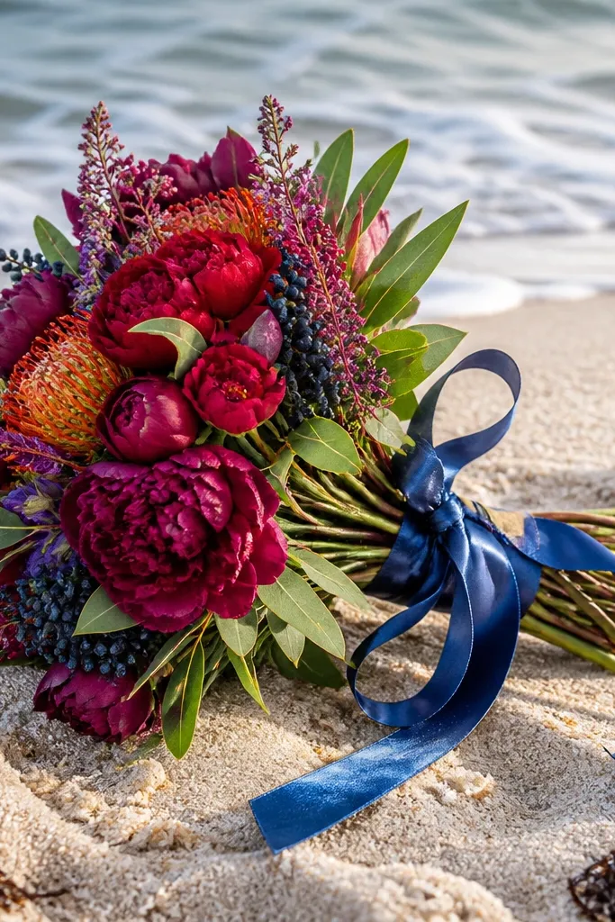 Bride holding bright bouquet with sea foam and pale sand background