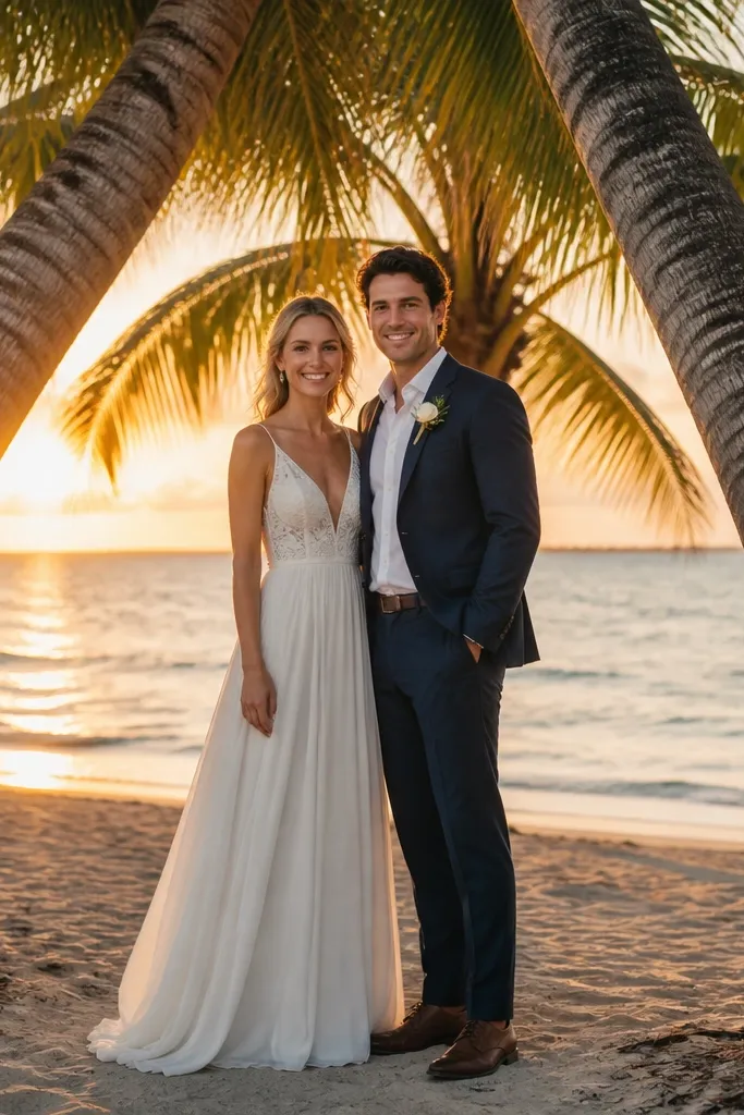 Couple posed between two leaning palm trees with sunset light