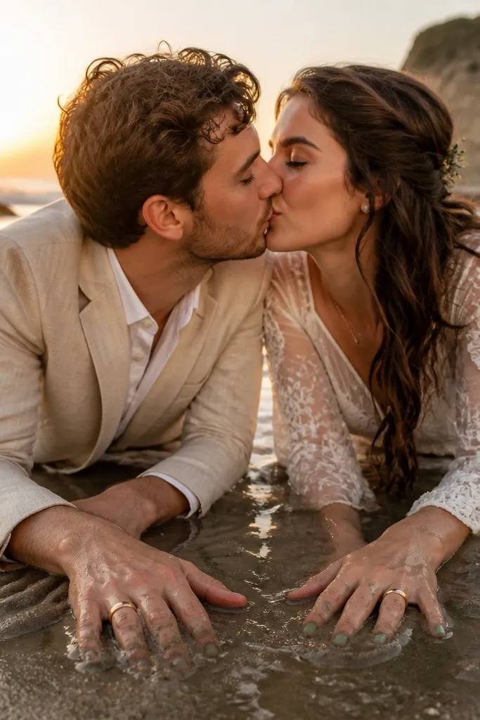 Couple kissing with hands resting in wet sand foreground