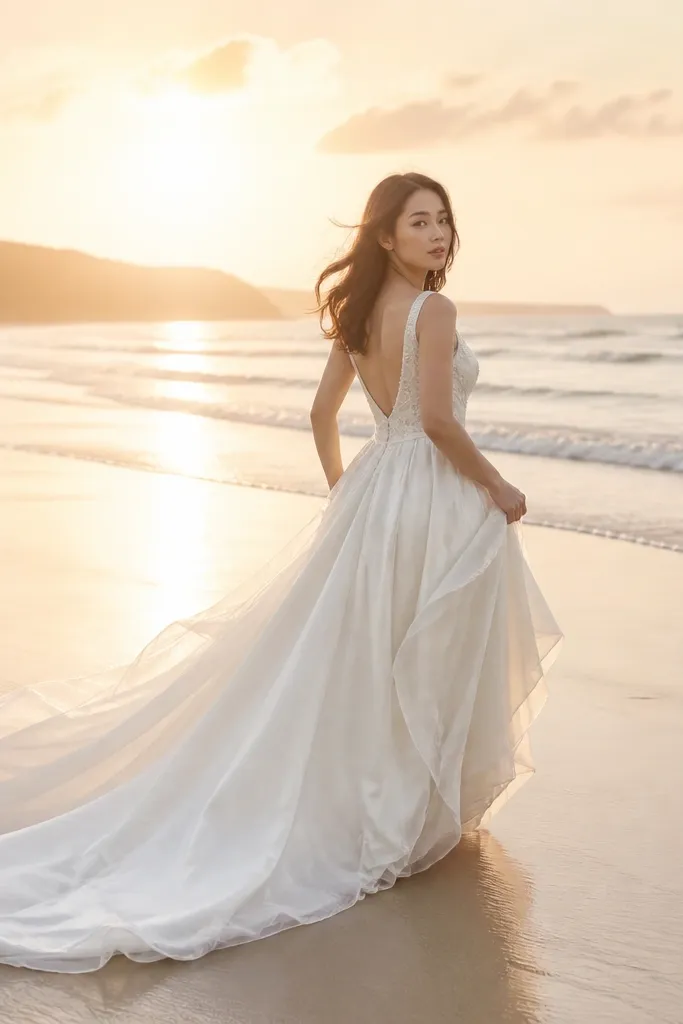 Bride's dress trailing along a clean tide line with ocean behind