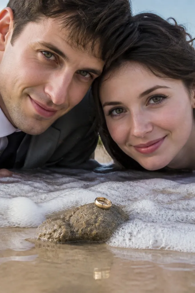 Wedding rings resting near wave foam on sand