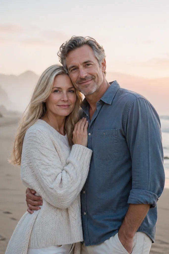 Couple standing on beach at sunrise with soft misty glow