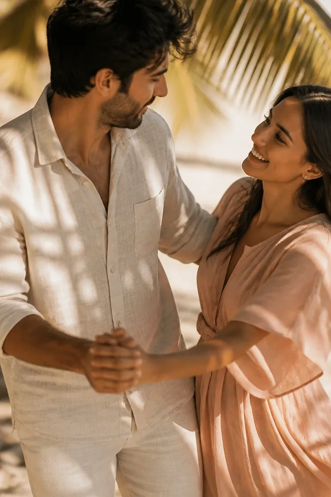 Couple laughing with palm shadows across them on sand