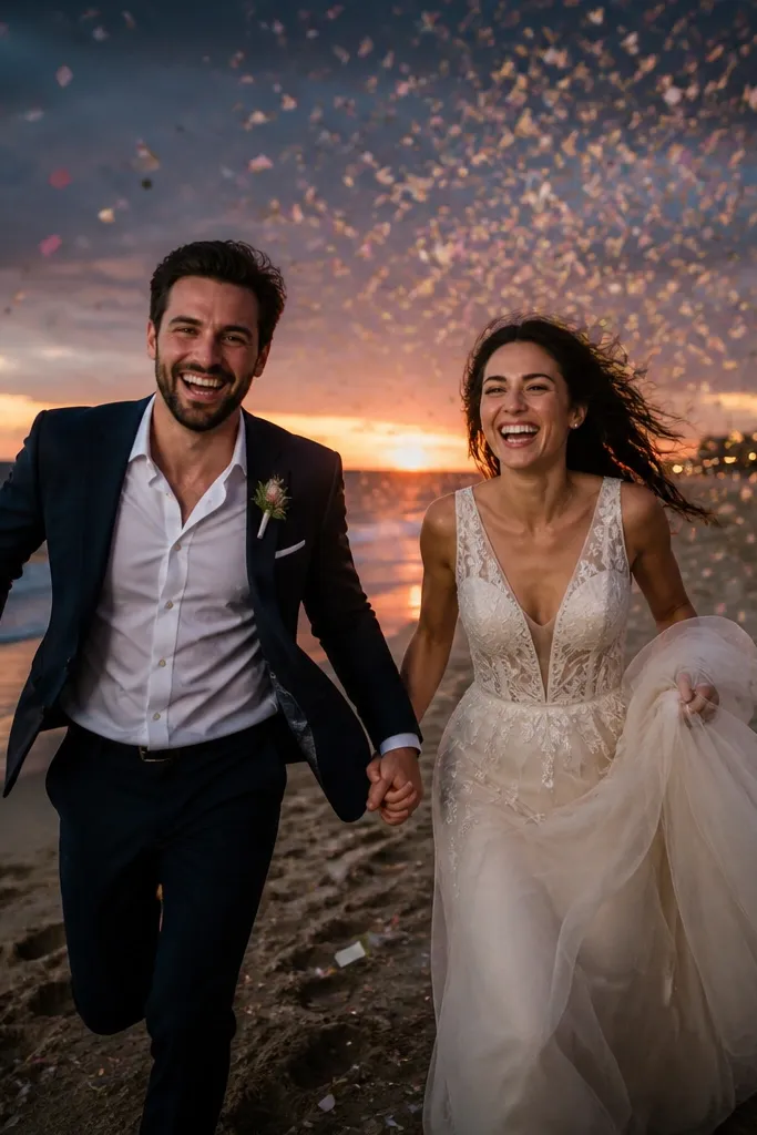 Couple walking out as confetti falls with ocean and darkening sky