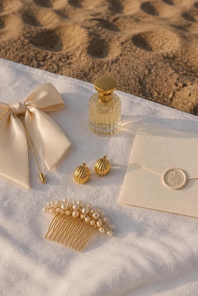 Wedding details arranged on a white towel on sand