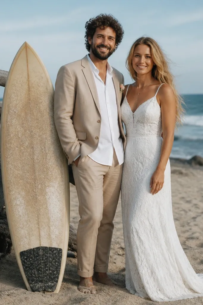 Couple leaning on surfboard or driftwood with ocean backdrop