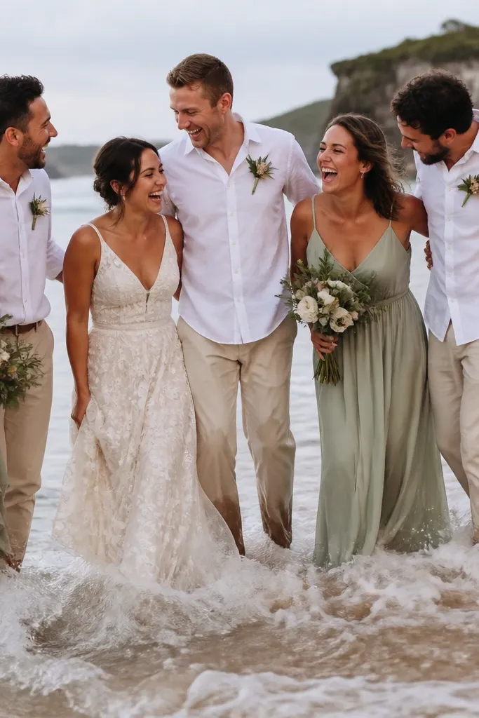 Wedding party laughing near waterline with soft waves behind
