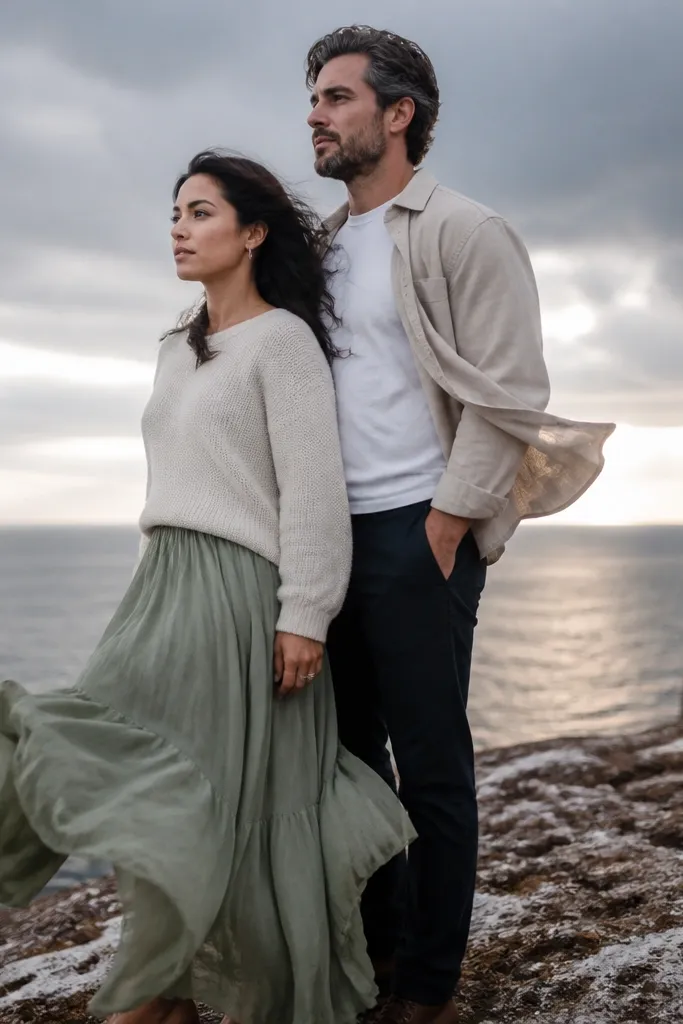 Couple standing on a windy cliff with flowing fabric