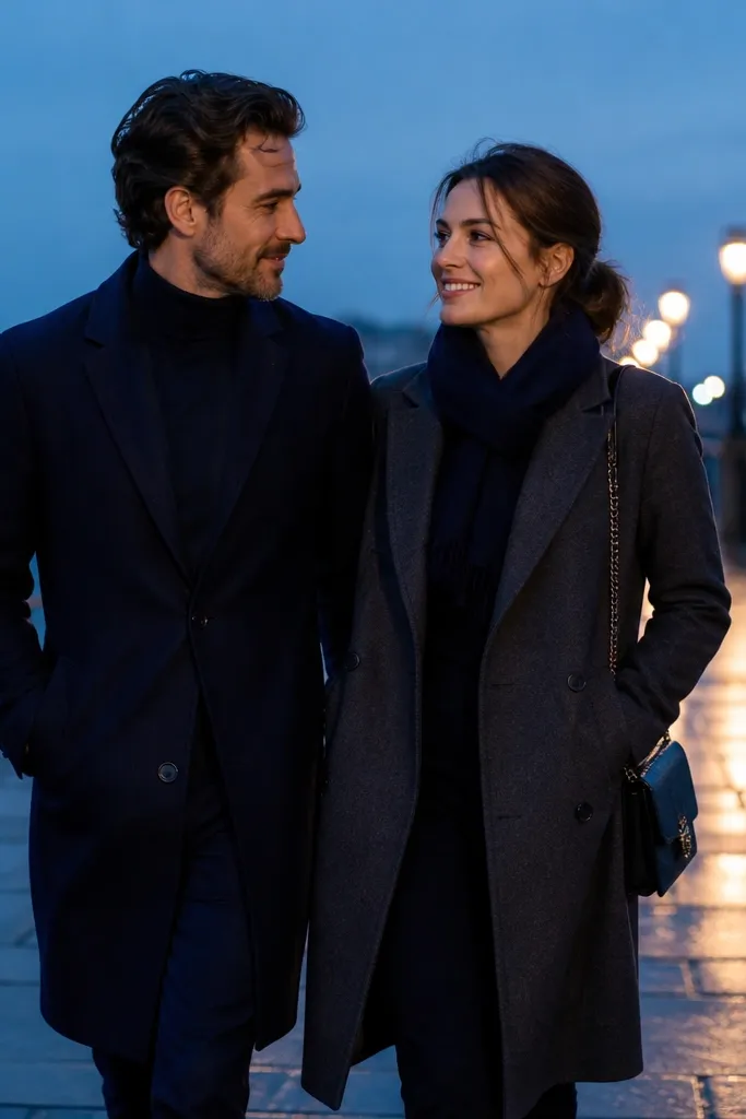 Couple strolling along a lit waterfront at dusk