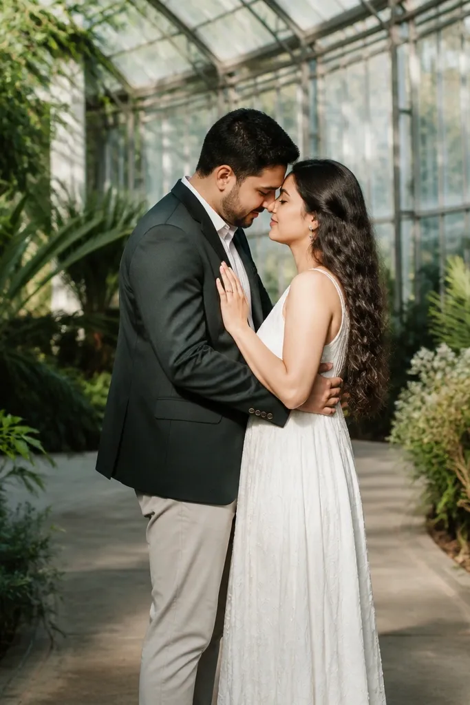 Couple framed by green plants inside a glasshouse