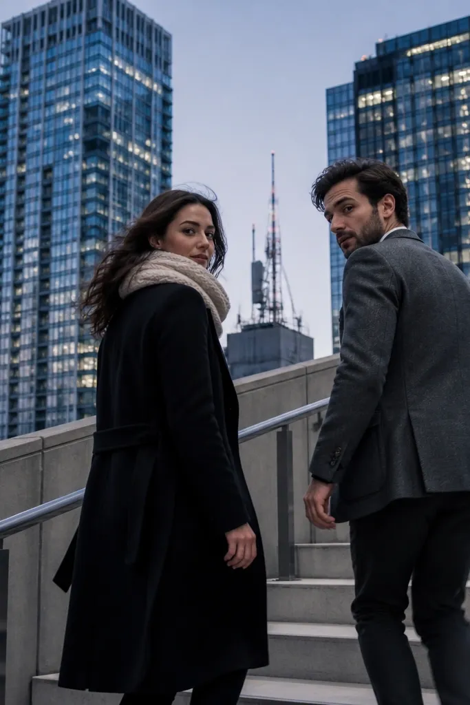 Couple on a rooftop staircase with a skyline behind them