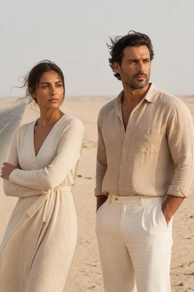 Couple walking through sandy dunes in off-white clothing