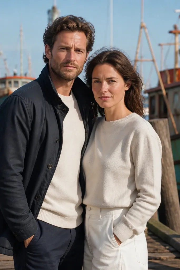 Couple near an old pier with colorful boats in the background