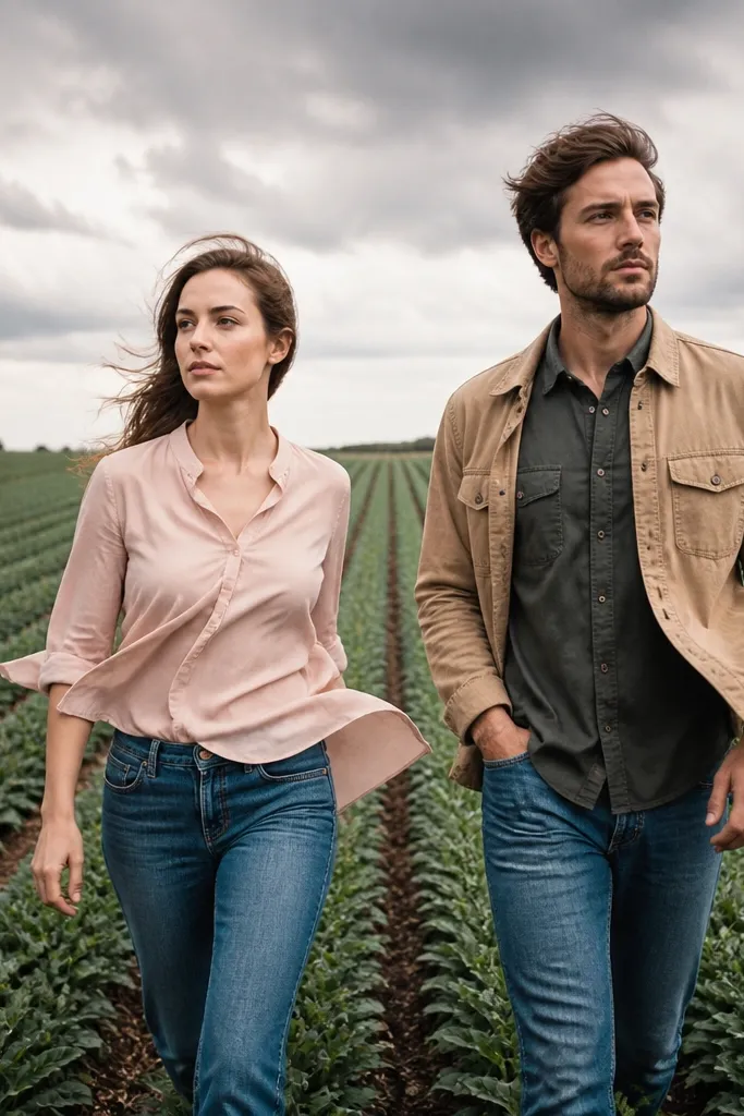 Couple standing between tall field rows with wind in their clothes