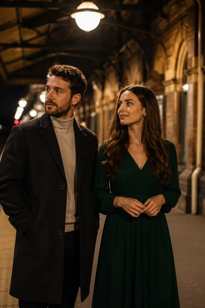 Couple on a station platform with warm lights and tracks