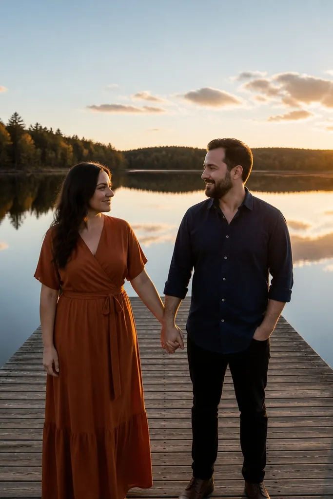 Couple holding hands on a lake dock at sunset