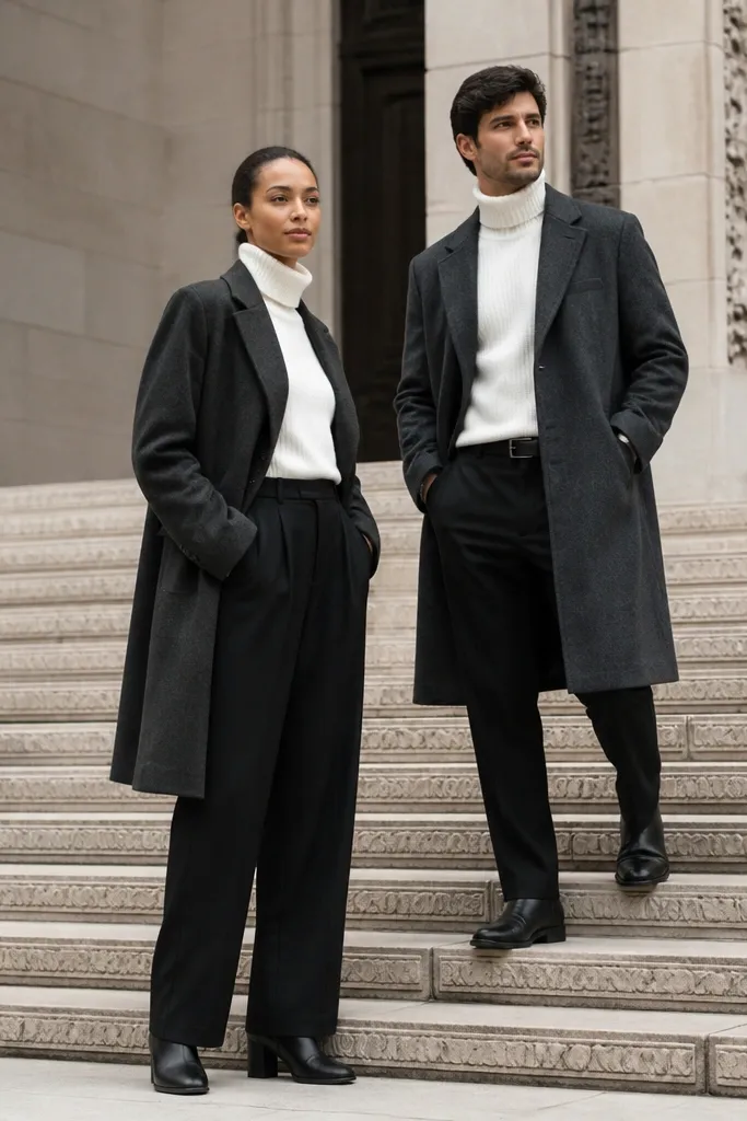 Couple on museum steps in monochrome outfits