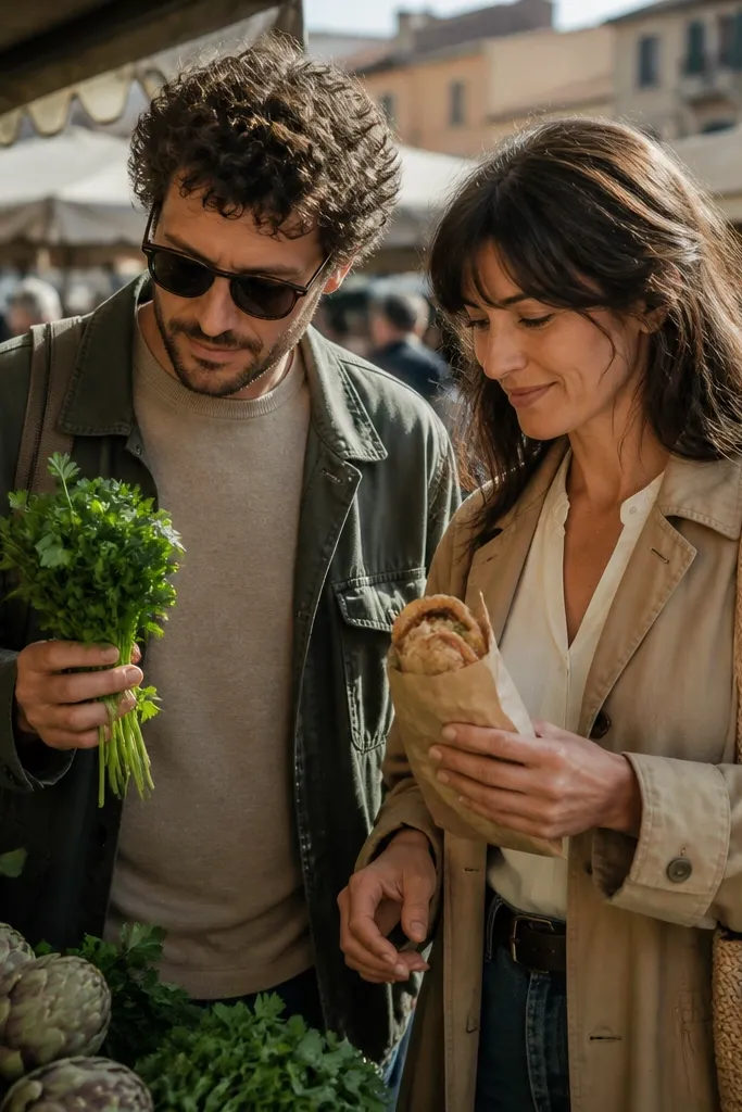 Couple at a street market with colorful produce and hands holding