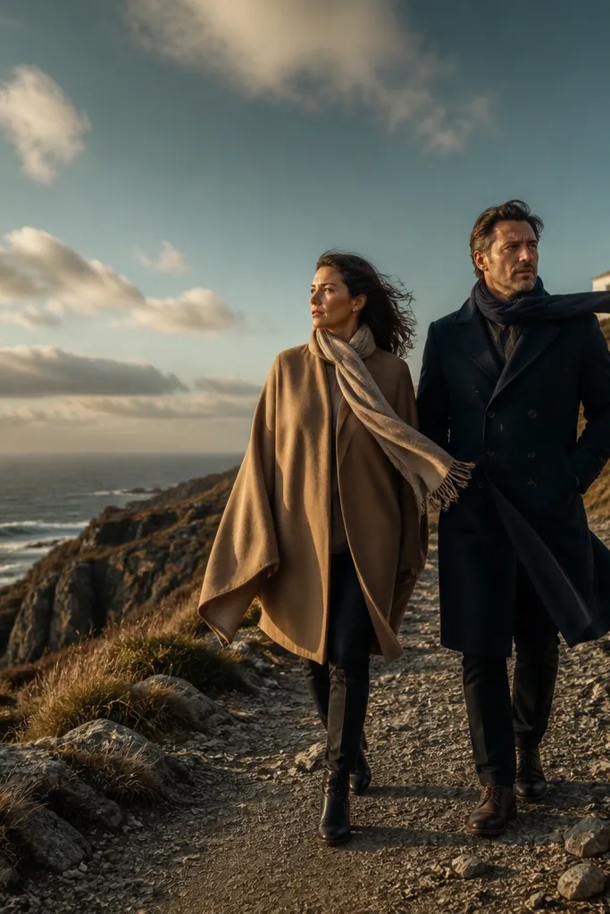 Couple walking a lighthouse path with capes and layered coats