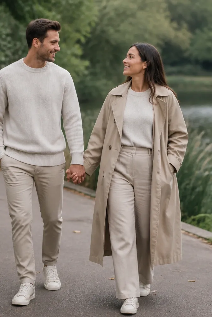 Couple walking a lake trail in soft beige and gray outfits