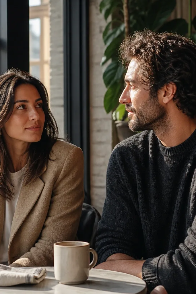 Couple seated by a window with warm indoor light and drinks
