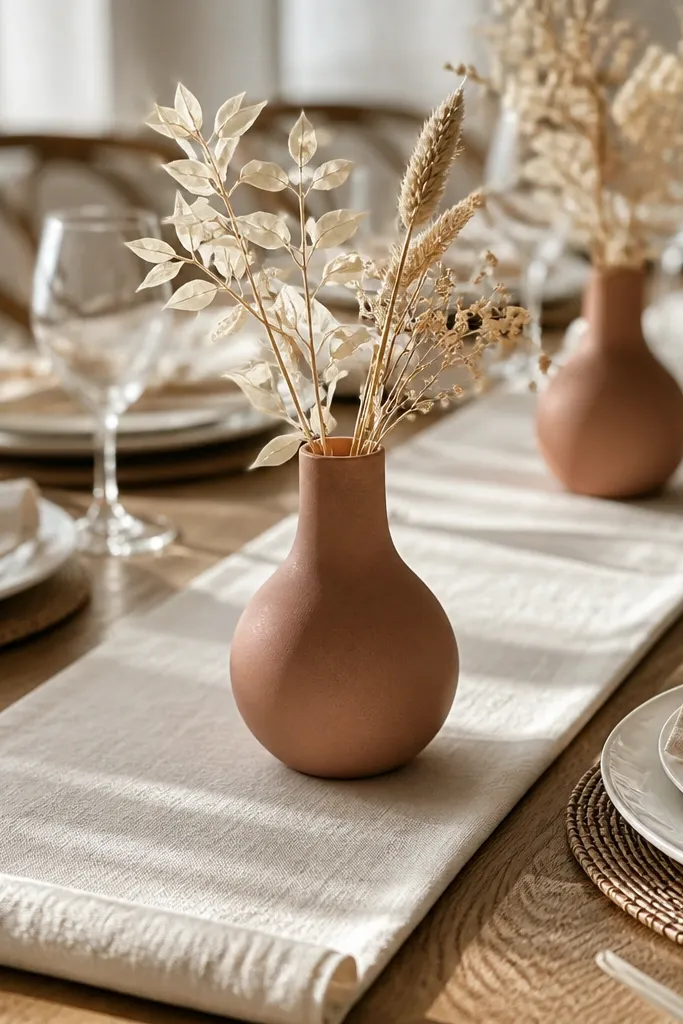 Light linen runner with rolled hem and small bud vases spaced along a wedding table