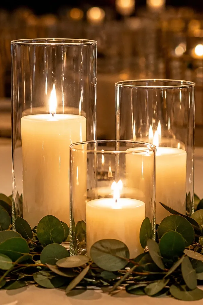 Clear glass cylinder candles with green eucalyptus sprigs around the base on a wedding table