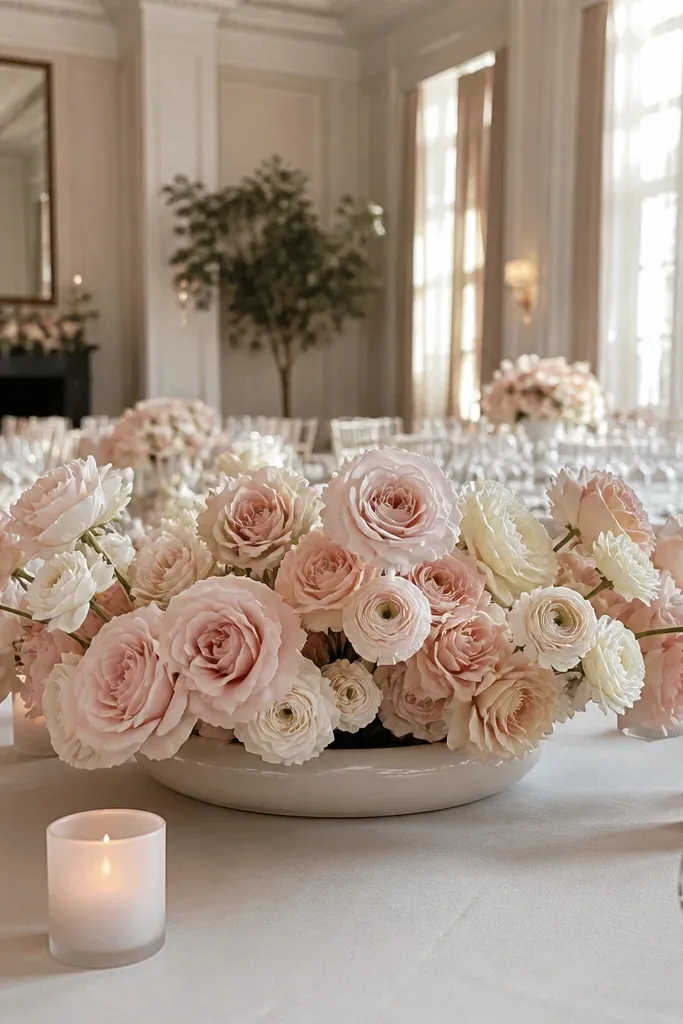 Low white ceramic tray holding a monochrome floral arrangement for a wedding centerpiece
