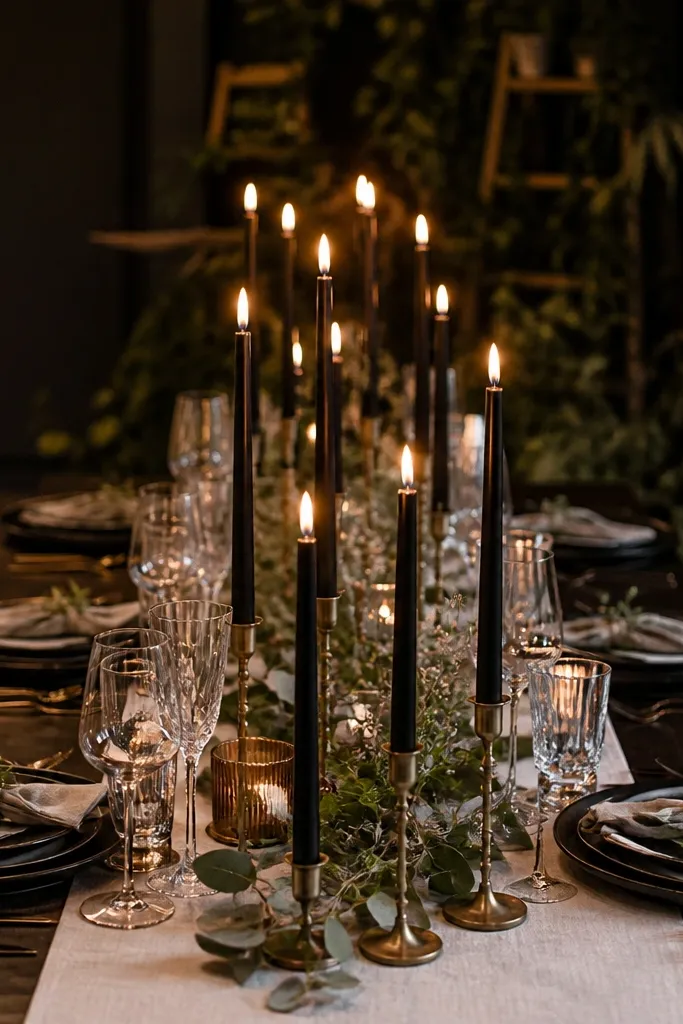Black taper candles arranged in staggered positions on a wedding table runner